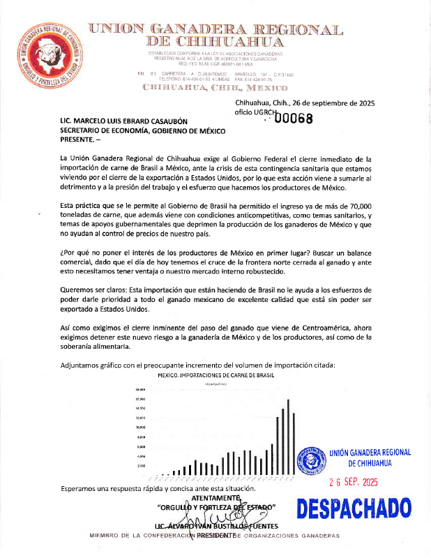 La UGRCh exige al Gobierno Federal, detener la importación de carne de Brasil a México importacion carne Brasil Mexico 1